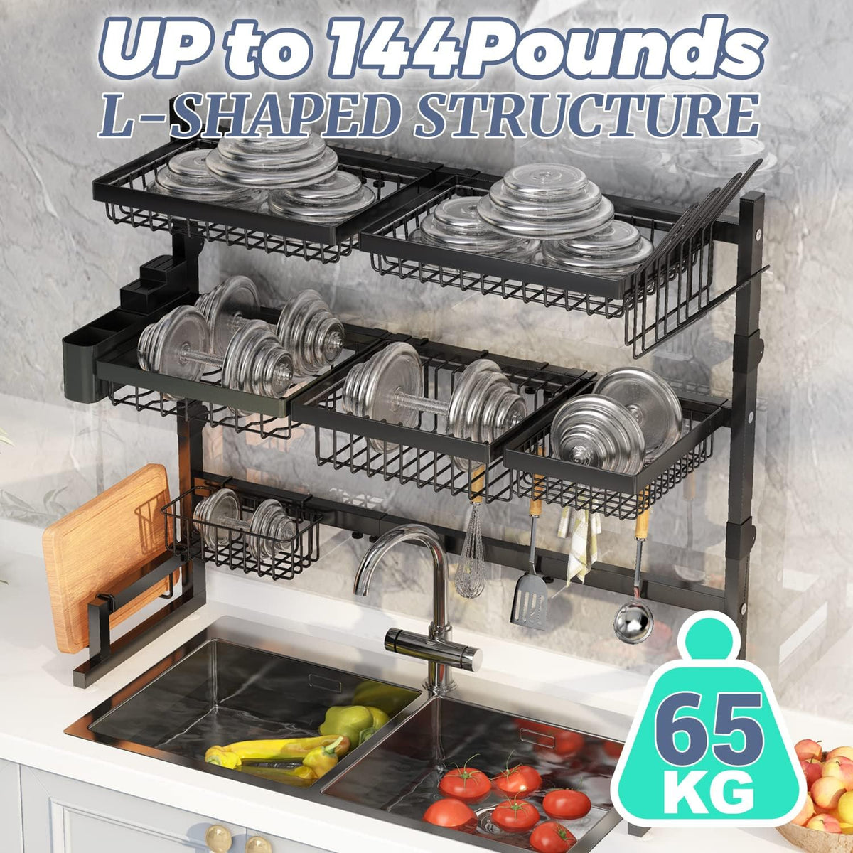 Over Sink Dish Drying Rack (Expandable Height/Length) Snap-On Design Large Dish Drainer Storage Counter Organizer (31-39.5L x 12W x 34-38H inches)