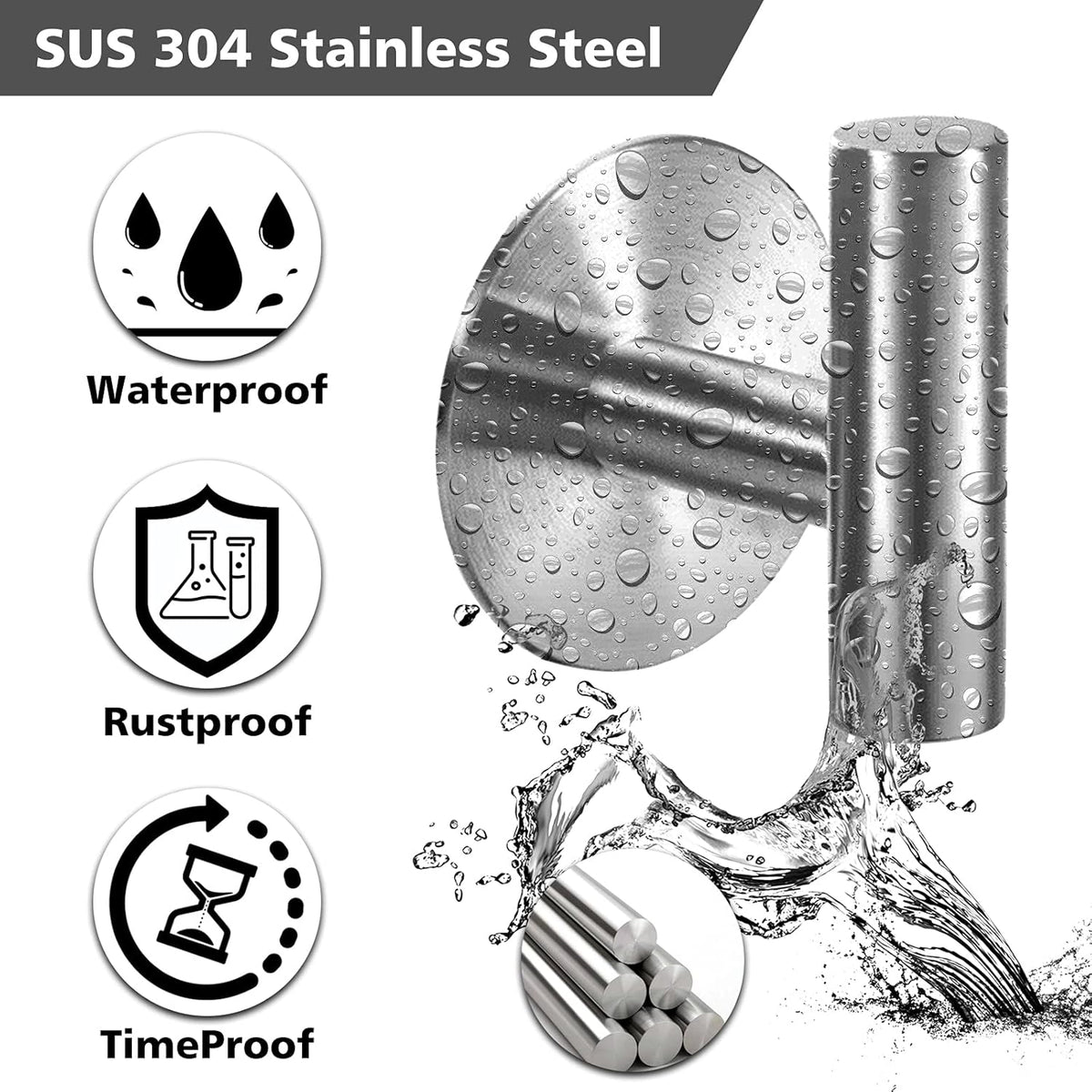 Adhesive Towel Hooks Heavy Duty Wall Hooks Stainless Steel Waterproof Shower Towel Hooks, Coat Hook for Hanging Clothes, Adhesive Hook for Bathroom, Glass Window, Kitchen- 2 Pack, Silver