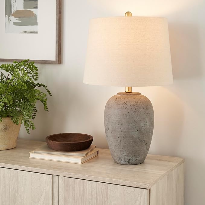 Nourison Home 23" Greyish Brown Earth Tone Rustic Farmhouse Ceramic Table Lamp for Bedroom, Living Room, Dining, Office, with Beige Linen Shade
