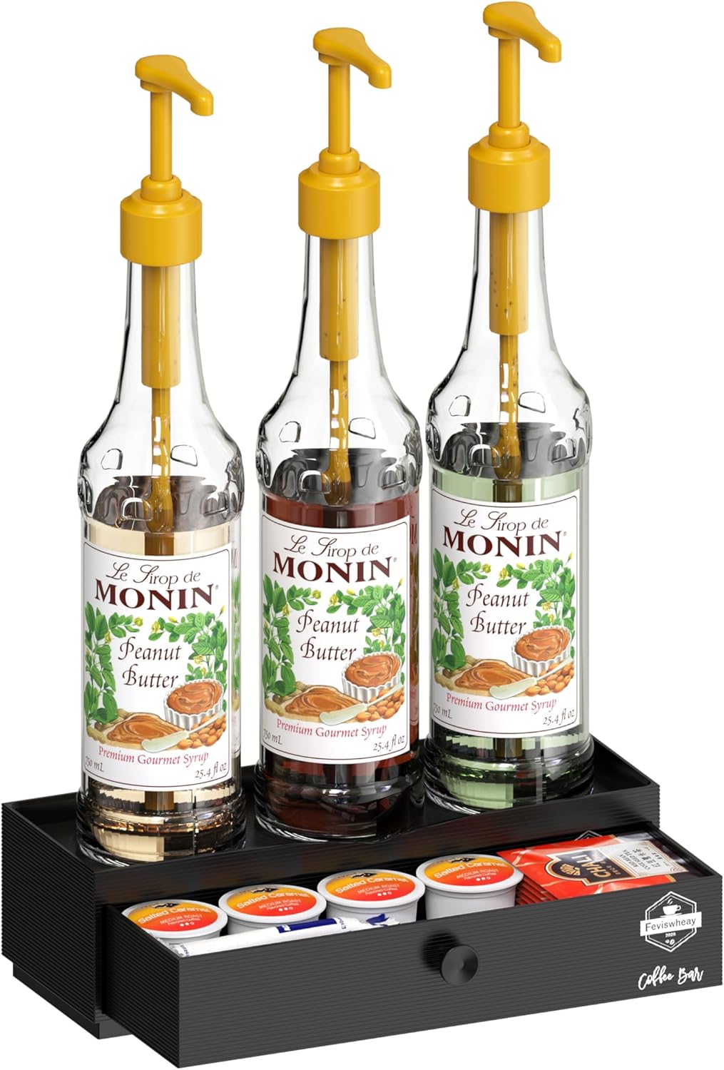 Coffee Bar Organizer, 2-Tier Syrup Rack with Coffee Drawer, Suitable for Dirty Soda Bar Supplies & Holding Torani Bottles, Wine Glasses, Space-Saving for Small Kitchens,Apartments,Dorms