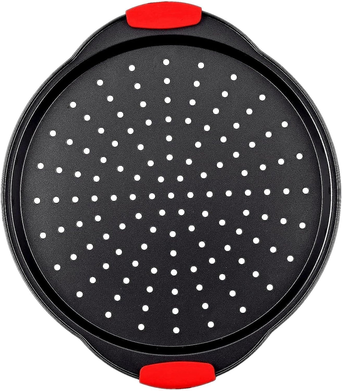 13 Inch Pizza Pan for Oven, Round Pizza Pan with Holes - Non-Stick Carbon Steel Pizza Tray with Silicone Handles - for Cooking, Baking, and Grilling - Dishwasher Safe