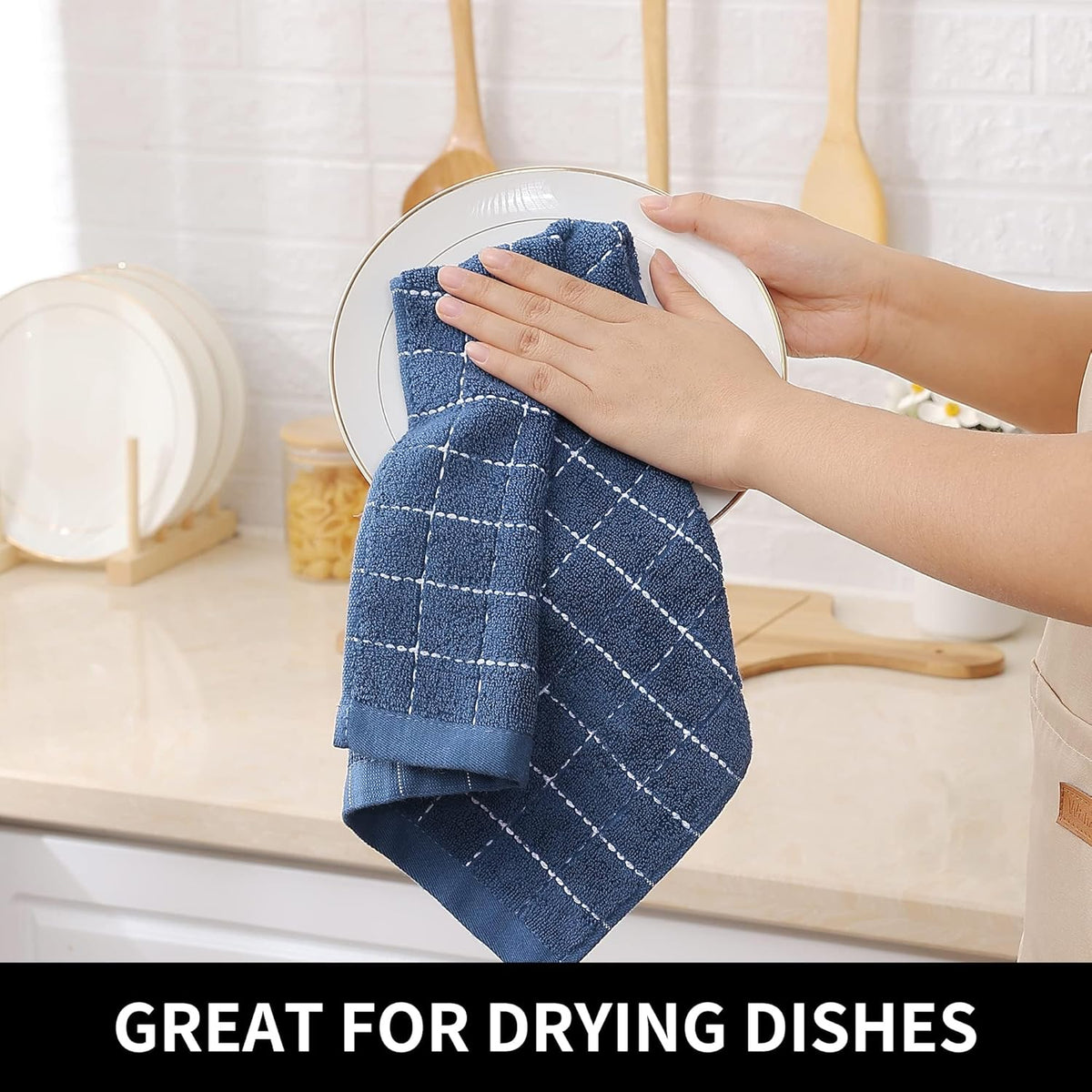 Homaxy 100% Cotton Terry Kitchen Towels(Navy Blue, 13 x 28 inches), Checkered Designed, Soft and Super Absorbent Dish Towels, 12 Pack