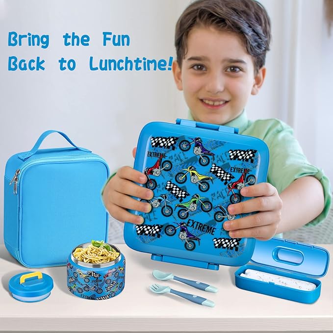 Bento Lunch Box for Kids With 8oz Soup thermo,Leak-proof Lunch Containers with 5 Compartment,thermo Food Jar and Lunch Bag, Food Containers for School (A-Blue(Extreme Locomotive))