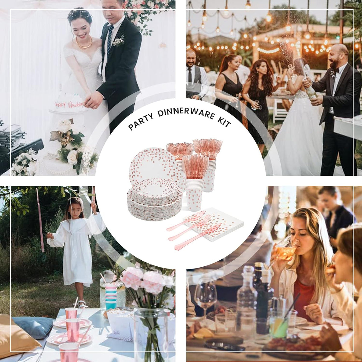 AIRE 175Pcs White Rose Gold Paper Plates Dinnerware Sets for 25 Guests, Party Supplies Disposable Paper Party Plates Napkins Cups Plastic Forks Knives Spoons For Birthday Baby Shower Wedding New Year