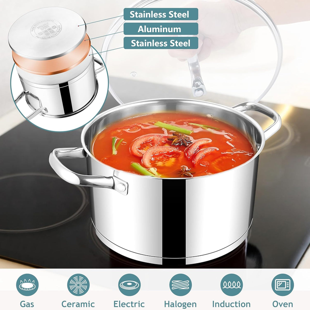E-far 4 Quart Stock Pot with Lid, Stainless Steel Stockpot for Cooking Simmering Soup Pasta Sauce, with Tri-Ply Bottom & Visible Cover, Induction/Gas/Dishwasher Safe, Heavy Duty & Non Toxic