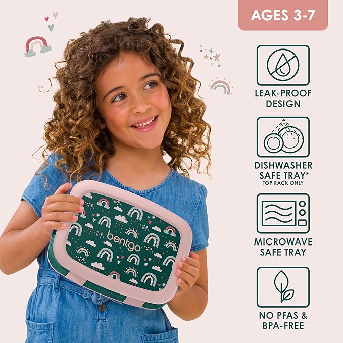 Bentgo Kids Prints Leak-Proof, 5-Compartment Bento-Style Kids Lunch Box - Ideal Portion Sizes for Ages 3-7, Durable, Drop-Proof, Dishwasher Safe, & PFAS & BPA-Free Materials (Green Rainbow)
