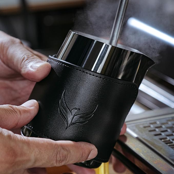 Espresso Pitcher For Latte Art Premium Handleless Design Stainless Steel Pitcher with Leather Sleeve 14oz Milk Frother Jug Gift For Espresso Lovers (Black)