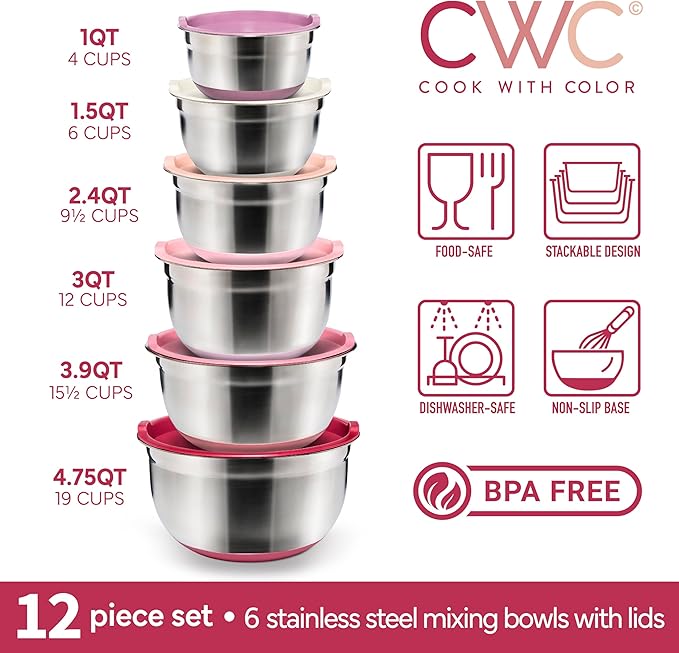 COOK WITH COLOR Stainless Steel Mixing Bowls Set with Lids - Nesting Bowls with Non-Slip Bottom, Rose, 12 Pieces