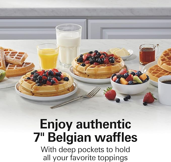Hamilton Beach Belgian Waffle Maker with PFAS-Free Non-Stick Ceramic-Coated Plates, Browning Control, Indicator Lights, Stainless Steel (26081)