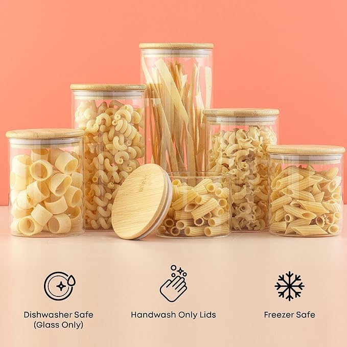 JoyJolt Borosilicate Glass Jars With Bamboo Lids. 6 Pc Set of Air Tight Sealable Containers. Food Jar Canisters with Airtight Lid for Pantry Storage and Kitchen Organization.