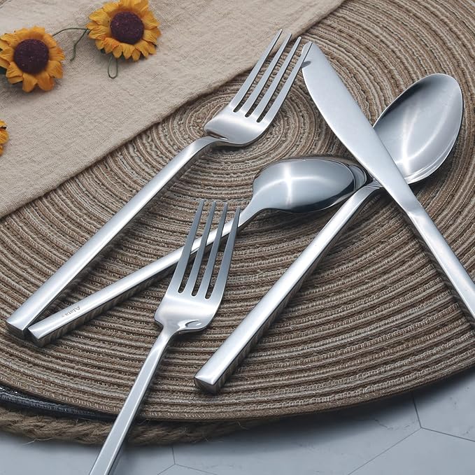 Alata Cube 65-Piece Forged Stainless Steel Flatware Set Cutlery Set with Utensil-Serving Set, Silverware Set Service for 12, Mirror Finish, Dishwasher Safe