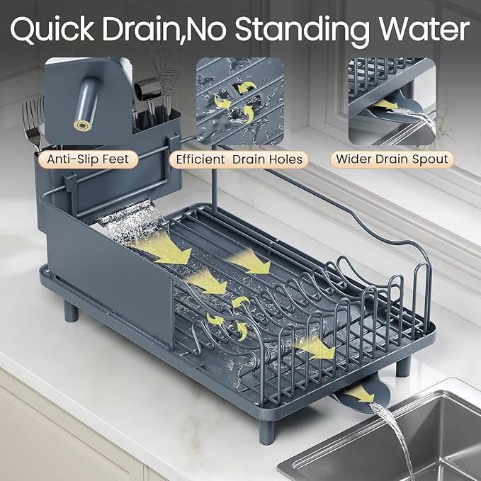 Dish Drying Rack Large Capacity - Stainless Steel Dish Rack for Kitchen Counter with Drain Board, Rustproof Dish Drainer with Auto Drain Spout, Utensil Holder & Glass Holder, Dinnerware Organizer