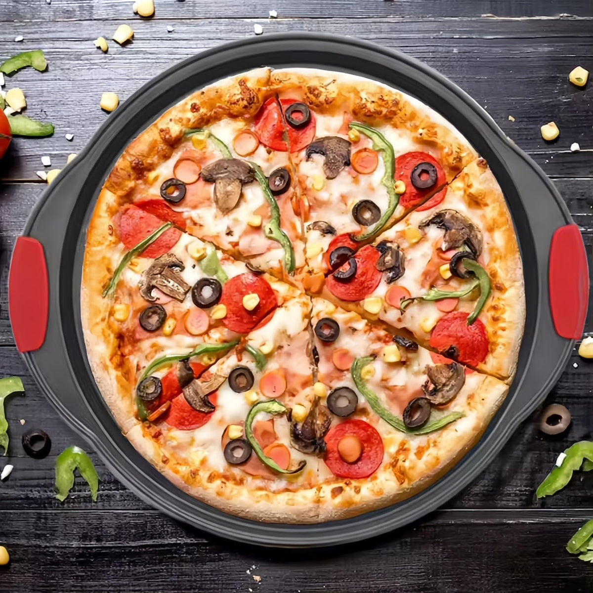 13 Inch Pizza Pan for Oven (2 Pack) Round Pizza Pan with Holes - Non-Stick Carbon Steel Pizza Tray with Silicone Handles - for Cooking, Baking, and Grilling - Dishwasher Safe