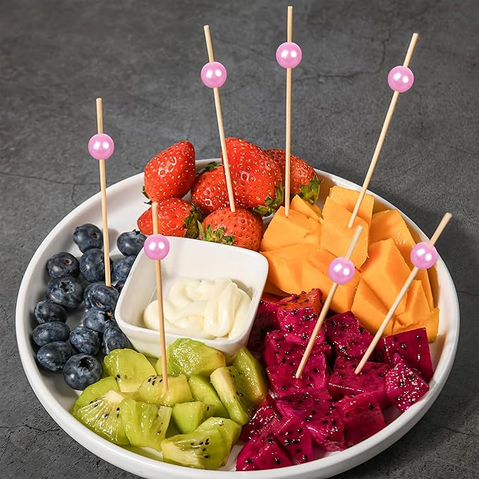 300Pcs Fancy Toothpicks for Appetizers,4.7Inch Pink Pearl Cocktail Picks For Drinks,Bamboo Appetizer Skewers for Charcuterie Boards Accessories,Martini, Sandwich,Desserts,Fruit,Pink Party Decorations
