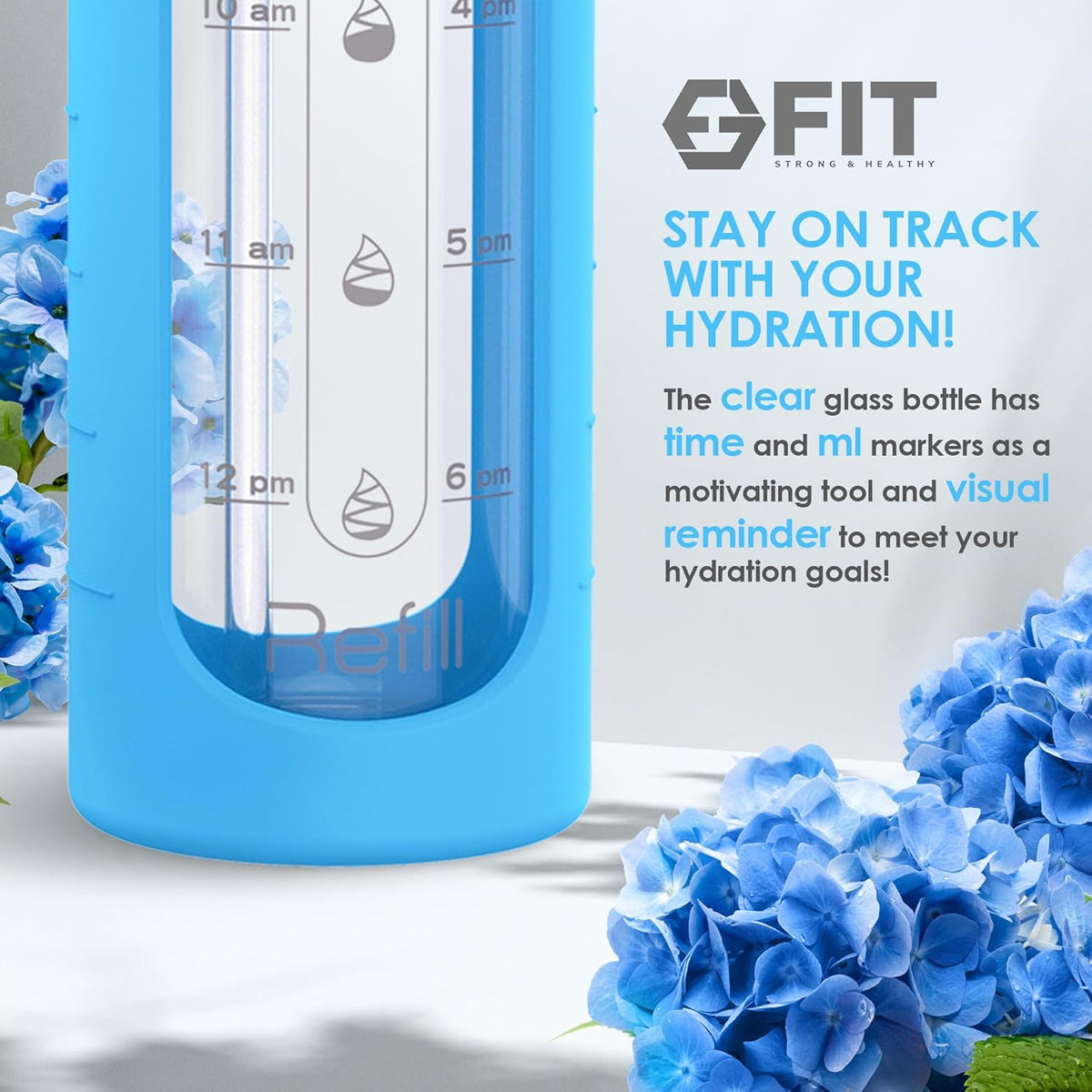FIT Strong & Healthy 32 oz Glass Water Bottle with Straw Lid, Time Marker, Sleeve & Extra Lid - Motivational, Wide Mouth 1 Liter Glass Drinking Bottle