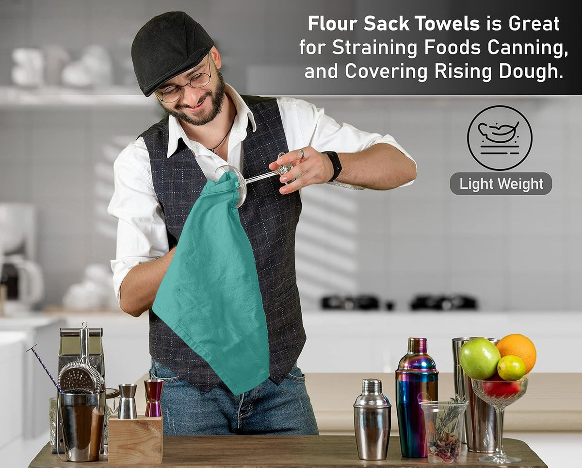 RUVANTI Flour Sack Towels 24 Pack 28x28 Inch, 100% Cotton Tea Towel, Reusable, Machine Washable, Absorbent BarTowels - Dish Cloth Perfect for Drying Dishes & Cleaning - Turquoise