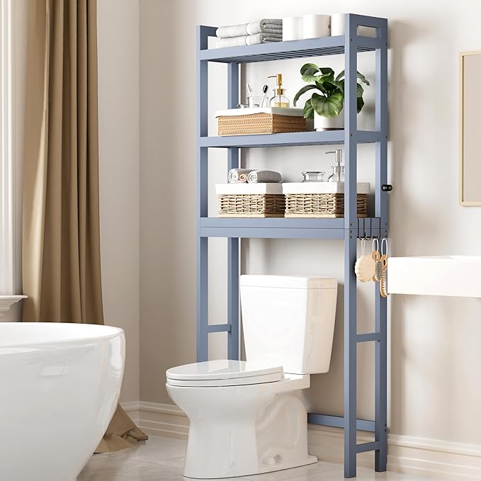 Smiry Over The Toilet Storage Cabinet, 3-Tier Bamboo Bathroom Organizers with Adjustable Shelf & 4 Hooks, Space Saving Shelf Rack for Bathrooms, Laundry Room, Balcony, Grey