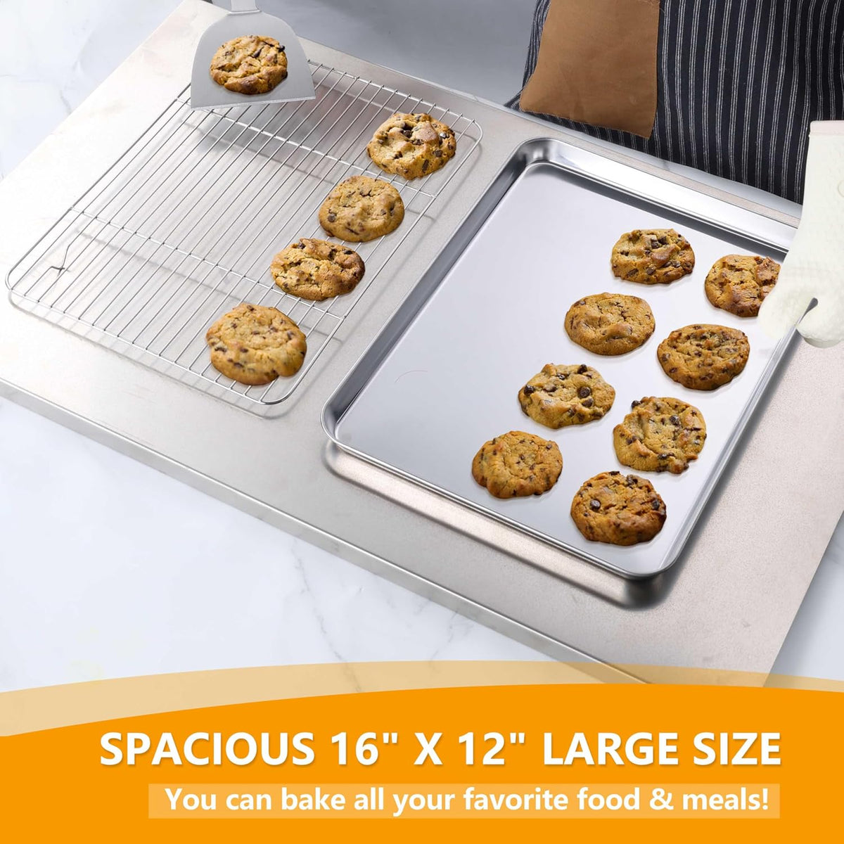 Homikit Baking Sheet with Wire Rack, 16" x 12" Stainless Steel Cookie Sheets for Baking, Thick Metal Baking Tray Jelly Roll Pan with Cooling Rack for Oven Roasting, Nonstick & Dishwasher Safe