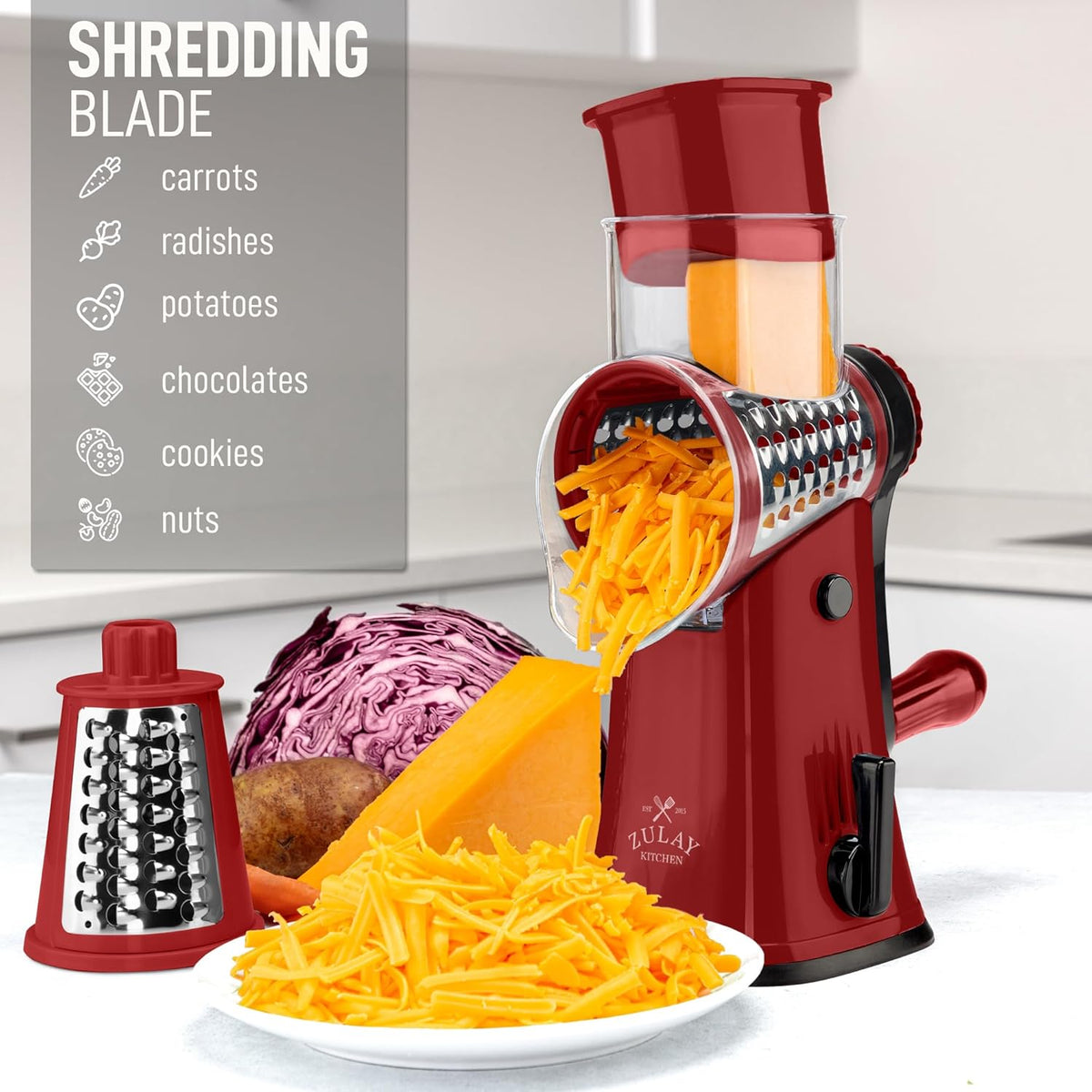Zulay Kitchen Rotary Cheese Grater 5 Blade Cheese Shredder - Manual Hand Crank Cheese Grater With Reinforced Suction & 5 Interchangeable Drums - Easy to Use, Vegetable Chopper Round Mandoline Slicer
