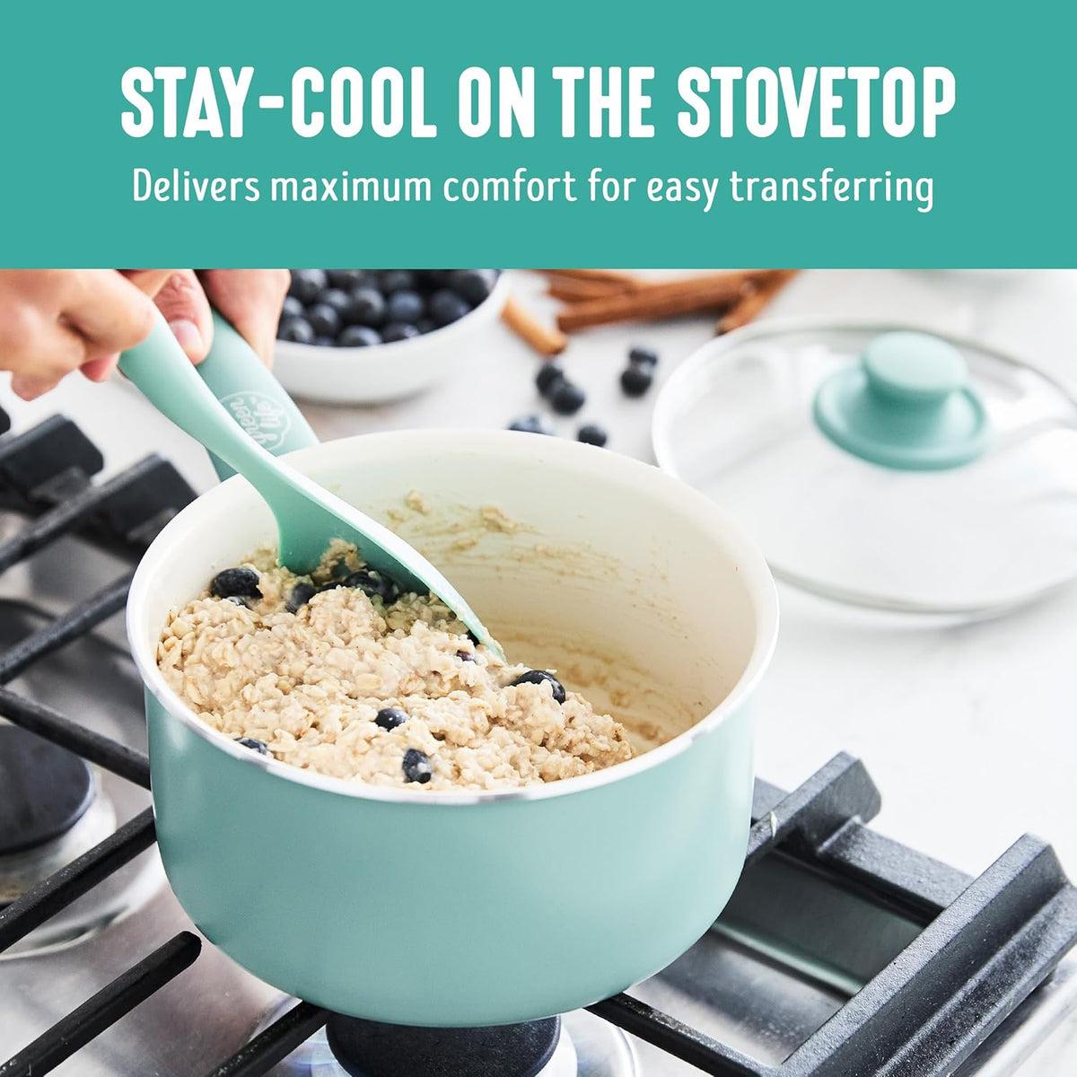 GreenLife 2 Quart Ceramic Nonstick Saucepan with Lid, PFAS-Free, Stay-Cool Handle, Multipurpose Kitchen Cooking Pot, Dishwasher & Oven Safe, Turquoise