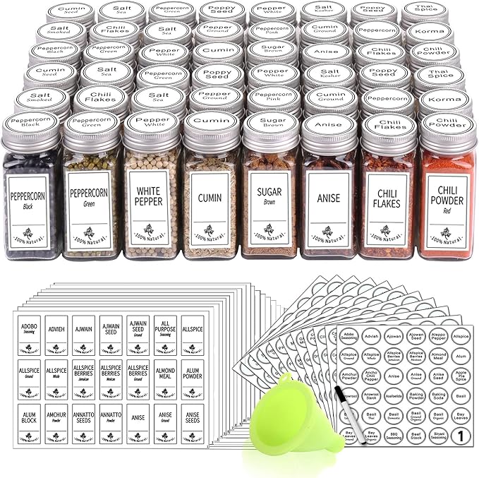 SWOMMOLY 48 Glass Spice Jars with 806 White Spice Labels, Chalk Marker and Funnel Complete Set. Empty Square Spice Bottles 4 oz, Spice Containers with Pour/sift Shaker Lid, Airtight Cap