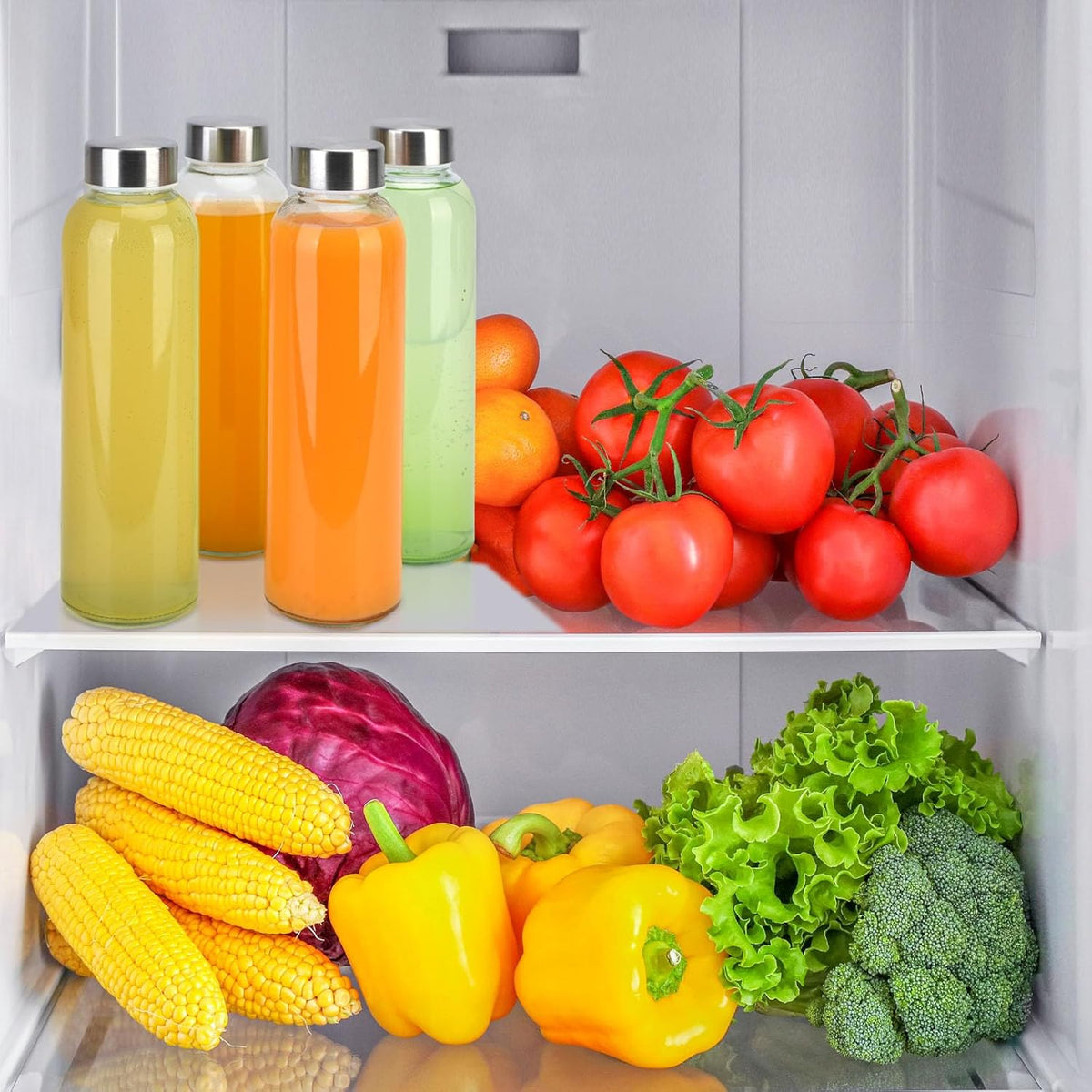 Sursip 18oz Glass Water Bottle Set of 6, Clear glass juice bottle for juicing，Reusable Drinking Bottles with Stainless Steel Lid，Beverage Storage Containers for Refrigerator-BPA Free，Leak Proof