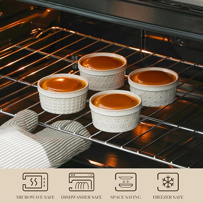 MALACASA Ramekins 4 Oz Oven Safe, Ceramic Creme Brulee Souffle Dishes, Pudding Custard Cups Ramekin For Baking, Small Dipping Sauce Bowls, Set of 4, Microwave and Dishwasher Safe, Arctic White