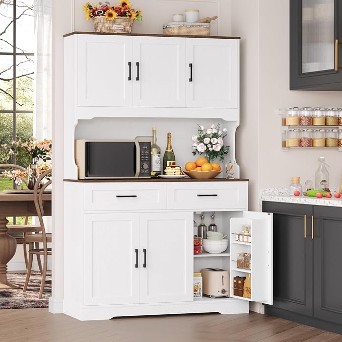 FACBOTALL Tall Kitchen Pantry Cabinet, Farmhouse Food Pantry Cabinet with Doors and Adjustable Shelves, Kitchen Hutch with Countertop and Microwave Stand for Dining Room, Living Room, White