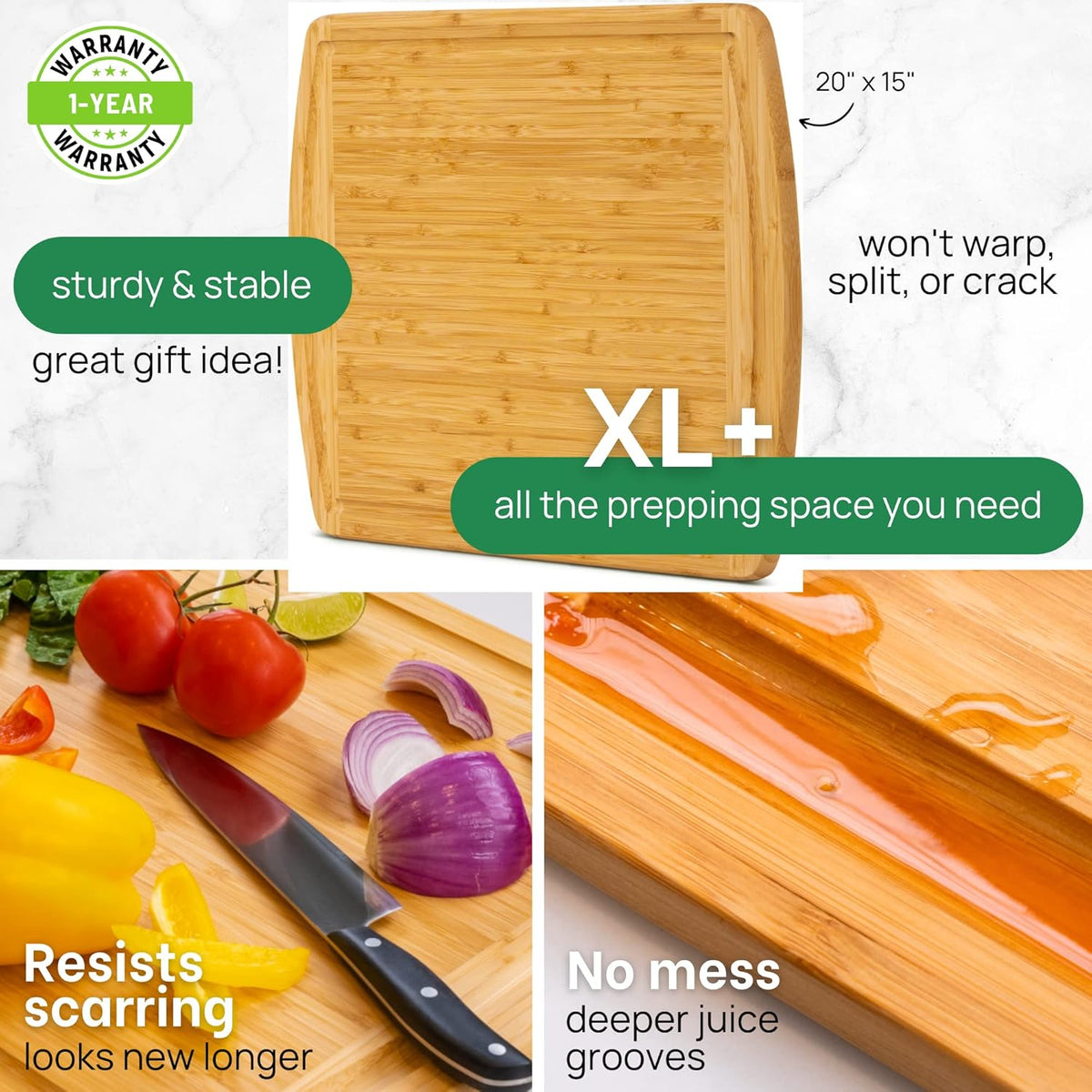 GREENER CHEF 20 Inch XL+ Organic Bamboo Cutting Board - Extra Large Butcher Block for Kitchen, Meat, Veggies, Charcuterie with Deep Juice Grooves & Lifetime Replacements