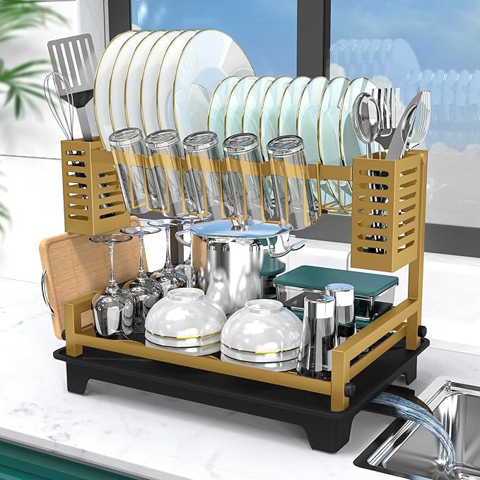 B-Land Dish Drying Rack, 2 Tier Dish Racks for Kitchen Counter, Large Dish Drying Rack with Drainboard & Utensil Holders, Rust-Proof Dish Drainers,Kitchen Organization Gold
