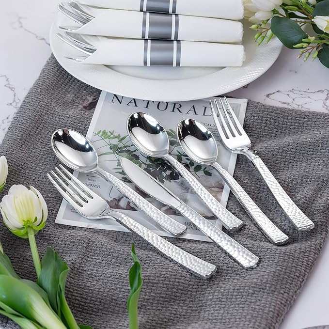 WELLIFE 300PCS Silver Plastic Silverware,Pre Rolled Silverware Set Disposable,Hammer Pattern Design,Disposable Cutlery Includes: 75 Forks, 75 Knives, 75 Spoons, 75 Napkins
