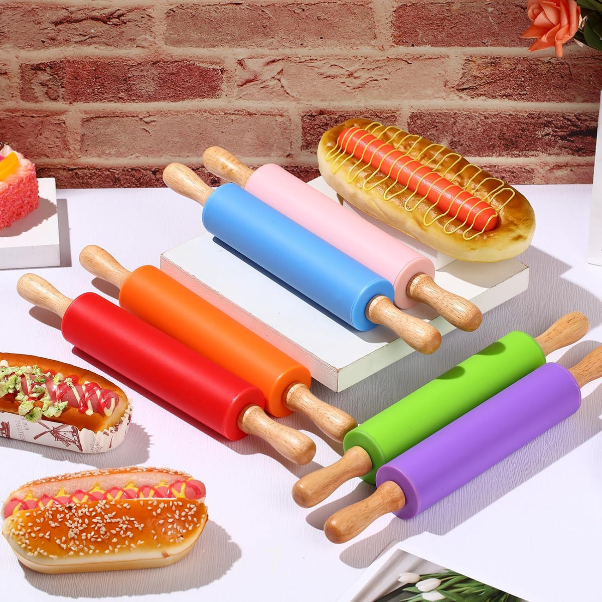 Dandat Small Rolling Pin Kids 12 Inch Mini Silicone Rolling Pin for Baking Non Stick Kids Dough Roller with Wooden Handle for Kitchen Cookie Pastry Fondant Cake 6 Colors(6 Pcs)