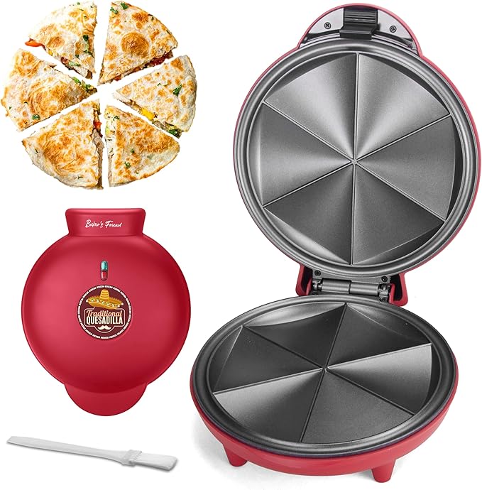 Baker's Friend Electric Quesadilla Maker with Extra Stuffing Design, 9.5 Inch with Easy Slice 6 Wedge, Non Stick Surface, Non-Slip Feet, Grilled Cheese Maker Machine, Red