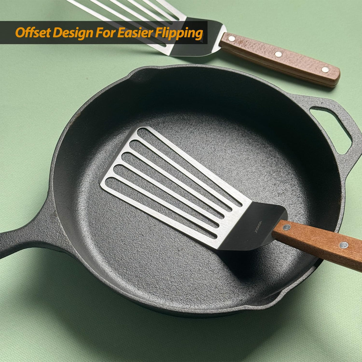 2 Pack Offset Fish Spatula Turner, Stainless Steel Slotted Spatulas for Flipping, Turning, Frying & Grilling, Offset Metal Slotted Spatulas, Wooden Full Tang Handle