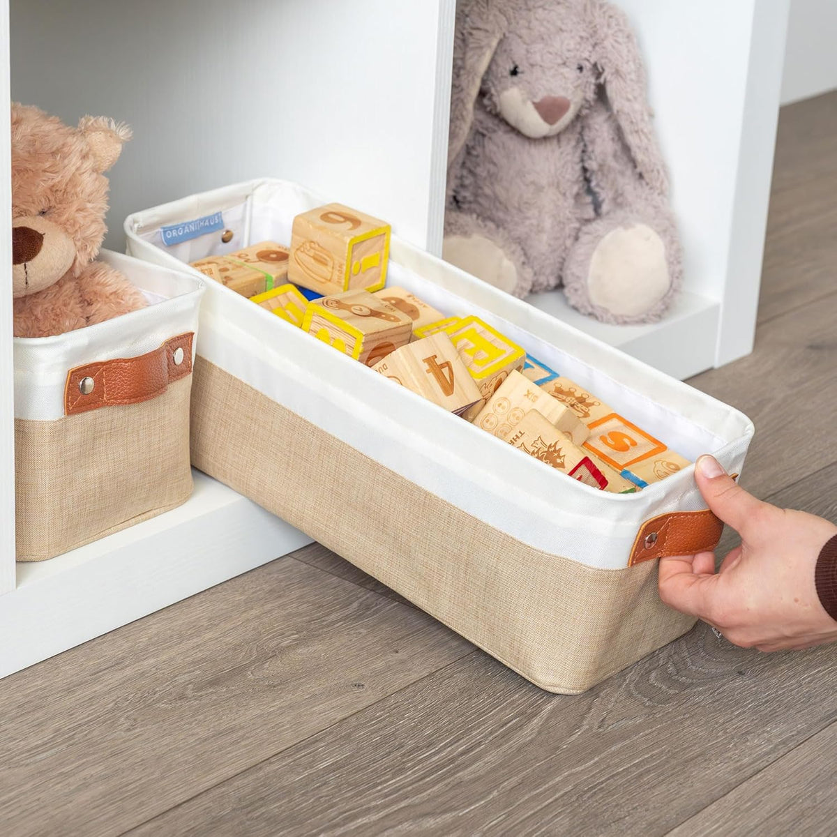 OrganiHaus Narrow Storage Bins 15x06in, Small Closet Bins for Shelves, Bathroom Storage Baskets for Shelves, Narrow Baskets, Fabric Organizer with Handles, Toilet Paper Organizer - 2 Pack, Beige
