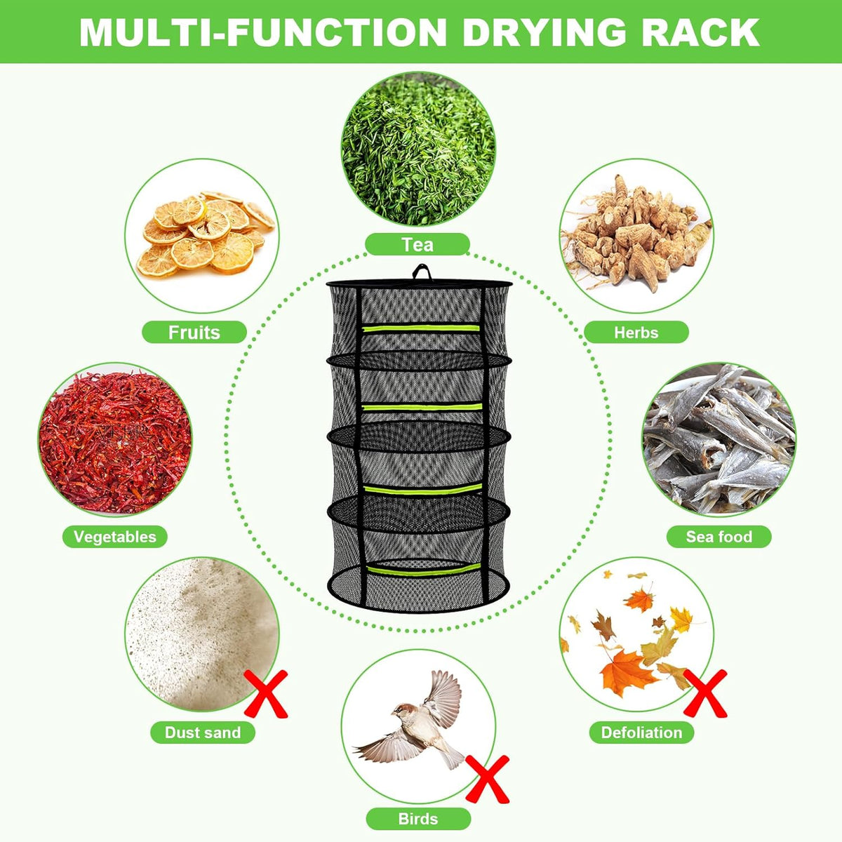 Herb Drying Rack - Mesh Drying Rack - Herb Drying Rack Hanging with Green Zipper & Garden Pruning Shears for Drying Herb - Hanging Drying Rack - Plant Drying Rack (4 Layers)