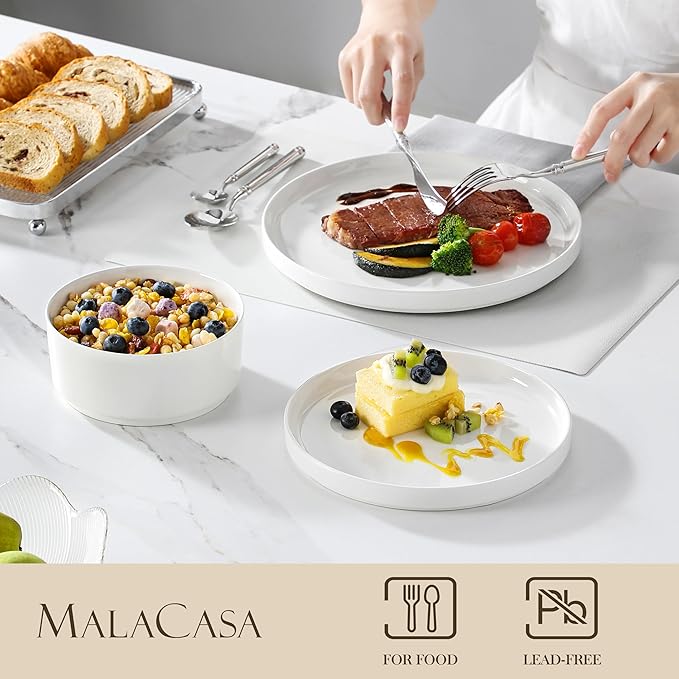 MALACASA 24 Pieces Porcelain Dinnerware Set, Modern White Dish Set for 8, Premium Serving Plates and Bowls Sets, Chip and Scratch Resistant Dishware Sets Kitchen Dishes Dining Ware Set, Series LEAH
