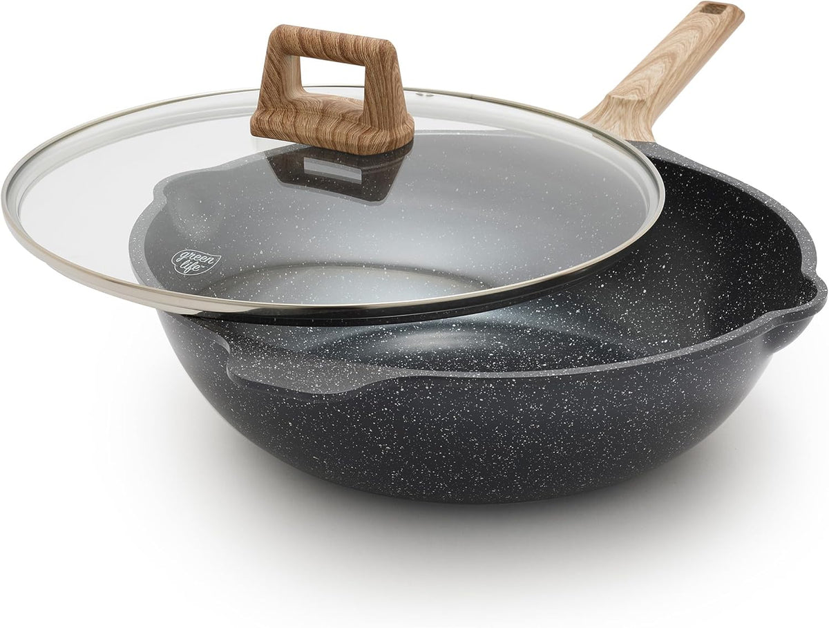 GreenLife Nonstick 12” (5QT) All in One Deep Skillet Wok with Lid, PFAS-Free Non-Toxic Ceramic Multi-Purpose Pan, Induction, All Stovetop, Egg, Stir Fry, Saute, Stay Cool Handle, Granite Black