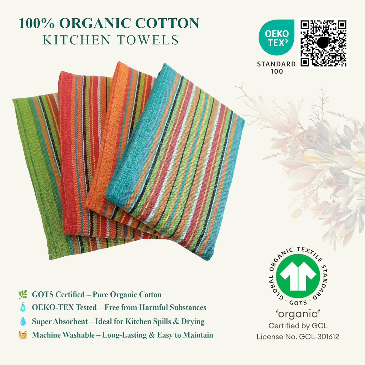 DG Collections Salsa Stripe Kitchen Dish Towels, 100% Cotton, Highly Absorbent, Multi Purpose Waffle Tea Towels for Cooking, Drying & Cleaning, 16x28 Inches, Pack of 12