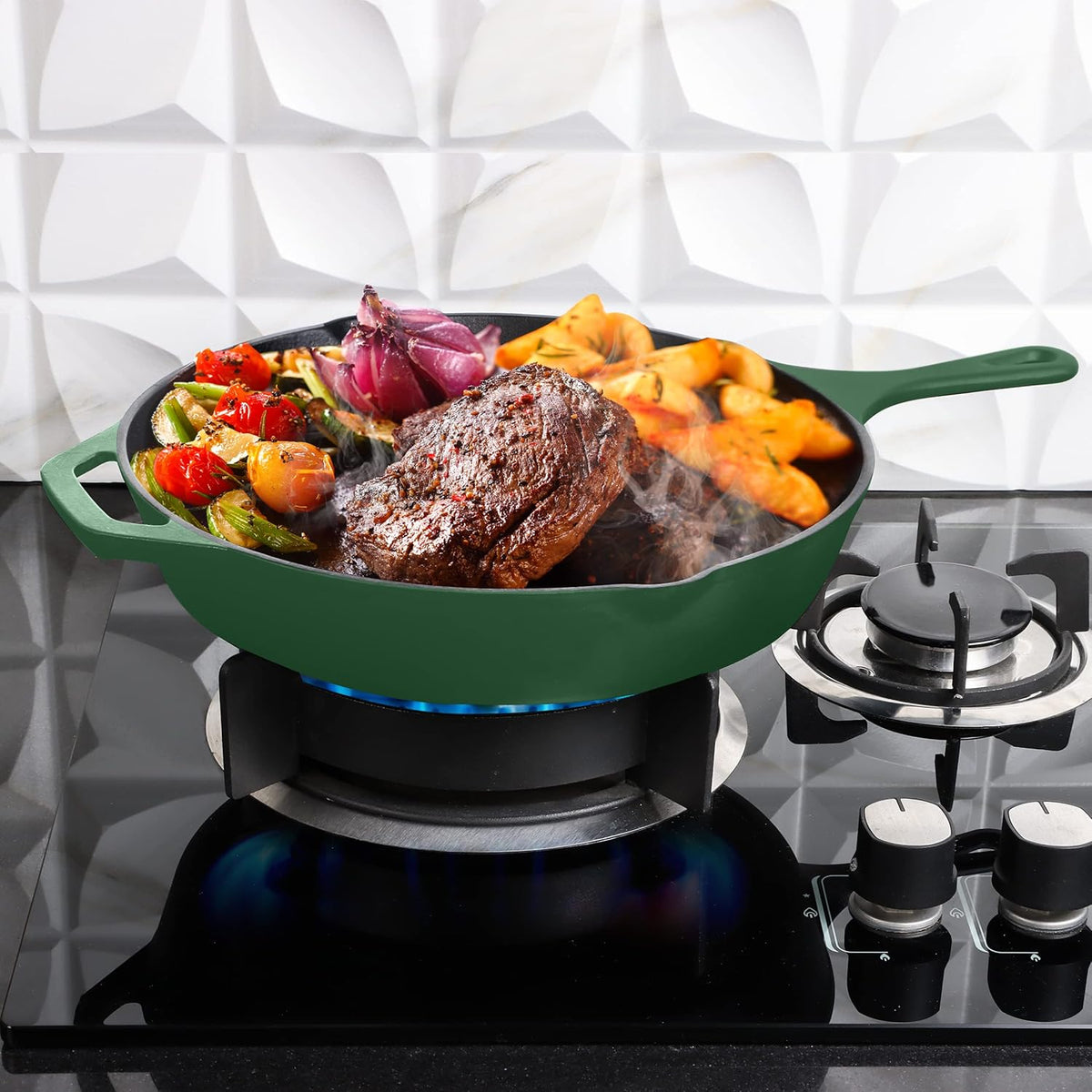 Utopia Kitchen Cast Iron Frying Pan 12.5 Inch, Cast Iron Chefs Pan, Pre Seasoned Skillet, Safe Grill Cookware for Indoor & Outdoor Use, Green