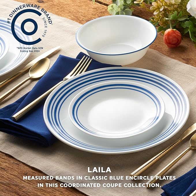 Corelle Vitrelle 18 Piece Glass Dinnerware Sets Service for 6, Triple Layer Chip & Crack Resistant Glass Plate and Bowl Sets, Laila