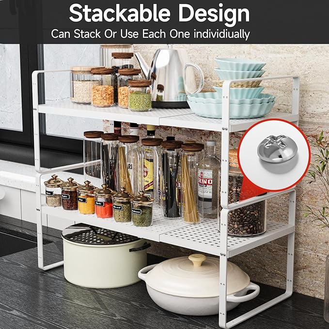 2Pack Expandable Cabinet Countertop Shelves 16.5-27’’L, Adjustable Metal Spice Rack Organizer, Stackable Kitchen Counter Storage Shelves Organizers for Cabinet Organization, White