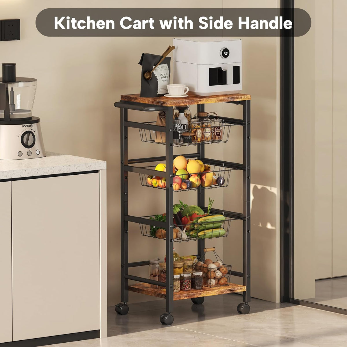 5-Tier Snack Organizer Cart with 3 Height Adjustable Pull-Out Baskets and 2 Storage Shelves, Utility Kitchen Organizer and Storage Cart with Convenient Handle for Fruit Potato Onion Vegetable Snack