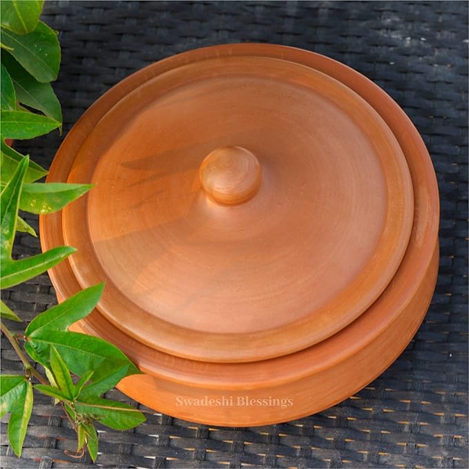 Swadeshi Blessings HandMade Exclusive Range Unglazed Clay Handi/Earthen Kadai/Clay Pot For Cooking & Serving with Lid, 2.8Liters (With Natural White Firing Shade & Mirror Shine) (Red)