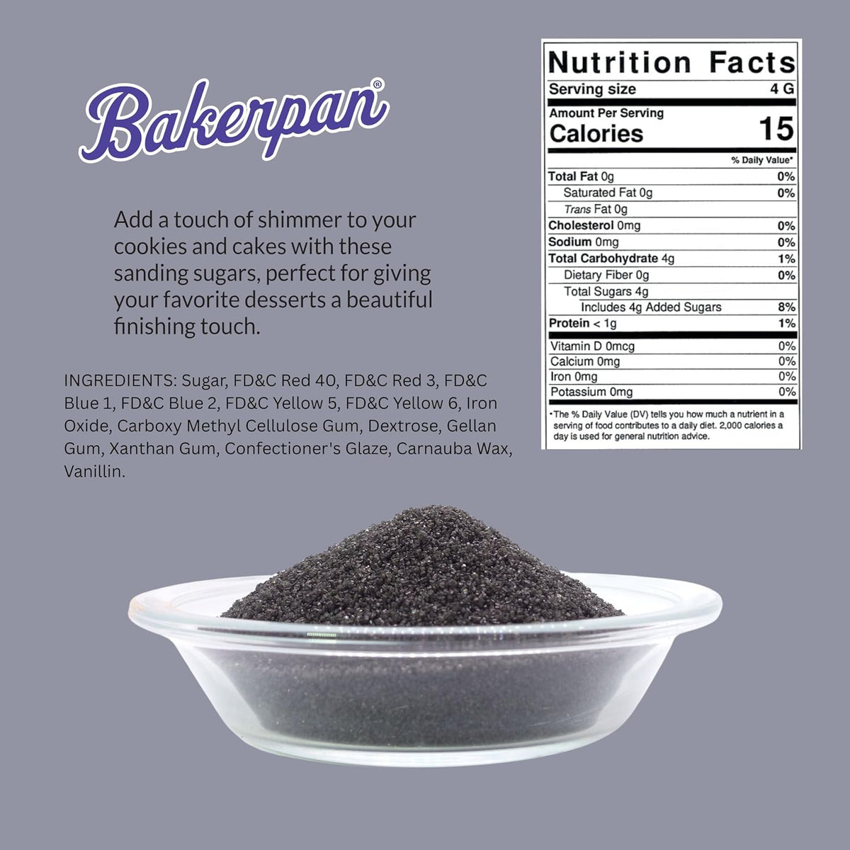Bakerpan Black Sanding Sugar for Baking & Cookie Decorating - 5 Ounce Edible Black Sugar Sprinkles for Cookies, Cakes, Cocktails (Made In USA)