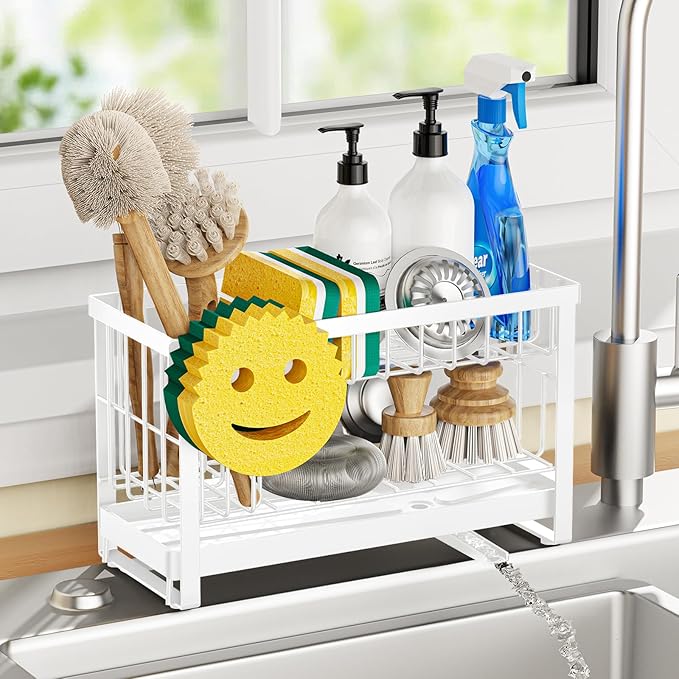 Sponge Holder for Kitchen Sink with Flexible Sponge Holder Smiley Face,2 Tier Kitchen Sink Organizer Countertop and Storage Essentials,Soap Dispenser Organize,Home Decor Accessories-White