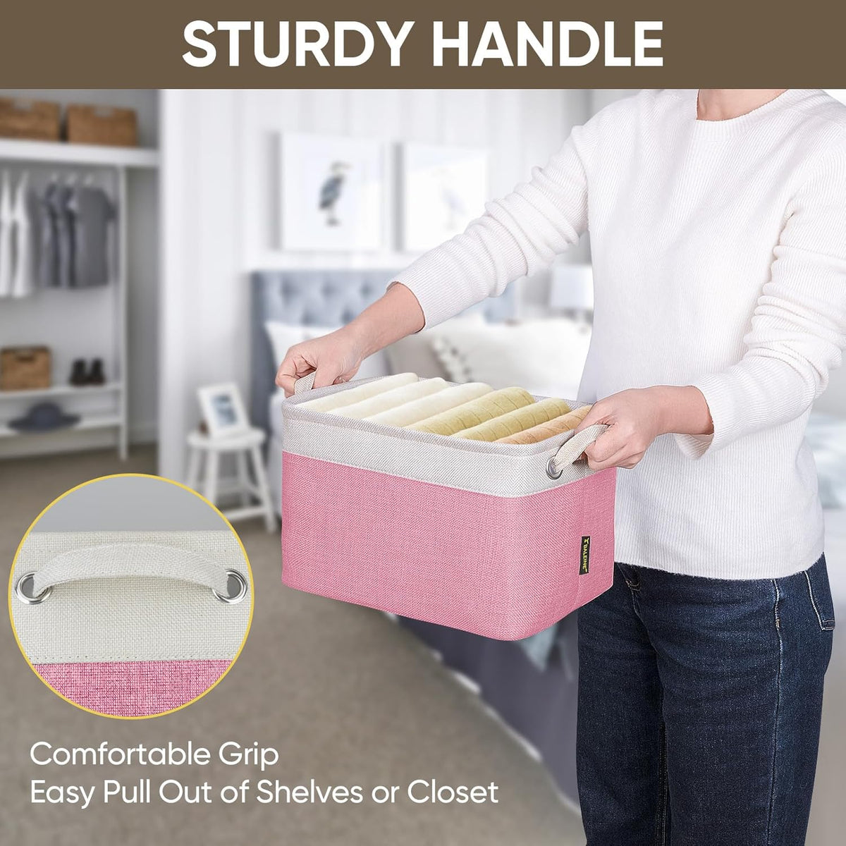 BALEINE 1 Pack Fabric Storage Bins for Shelves, Linen Storage Baskets for Organizing, Decorative Closet Bins for Clothes, Home (Pink, 12"x8"x8")
