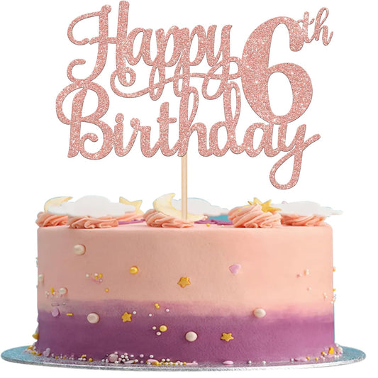 1 PCS Happy 6th Birthday Cake Topper - Glitter Cheers to 6 Years - Fabulous Cake Decoration for 6th Birthday Theme Party - Rose Gold