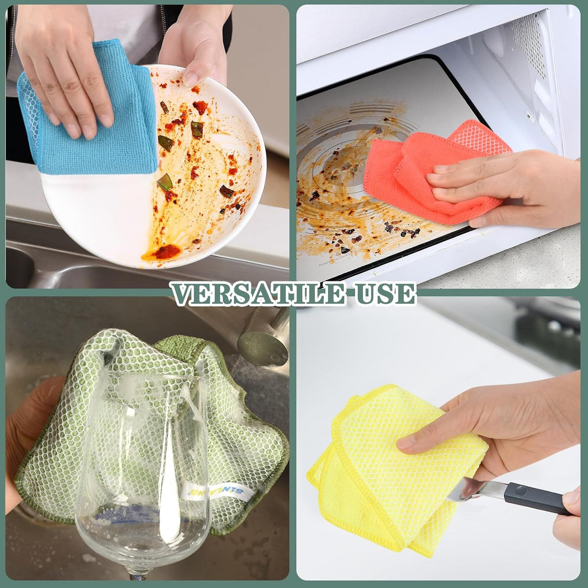 SINLAND Microfiber Dish Cloth for Washing Dishes Dish Rags Best Kitchen Washcloth Cleaning Cloths with Poly Scour Side 5 Color Assorted 7.87inchx7.87inch 20pack