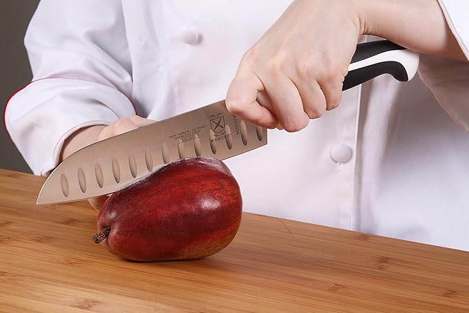 Mercer Culinary Millennia Color Handle Cutlery 7" Santoku Knife (Granton Edge) White